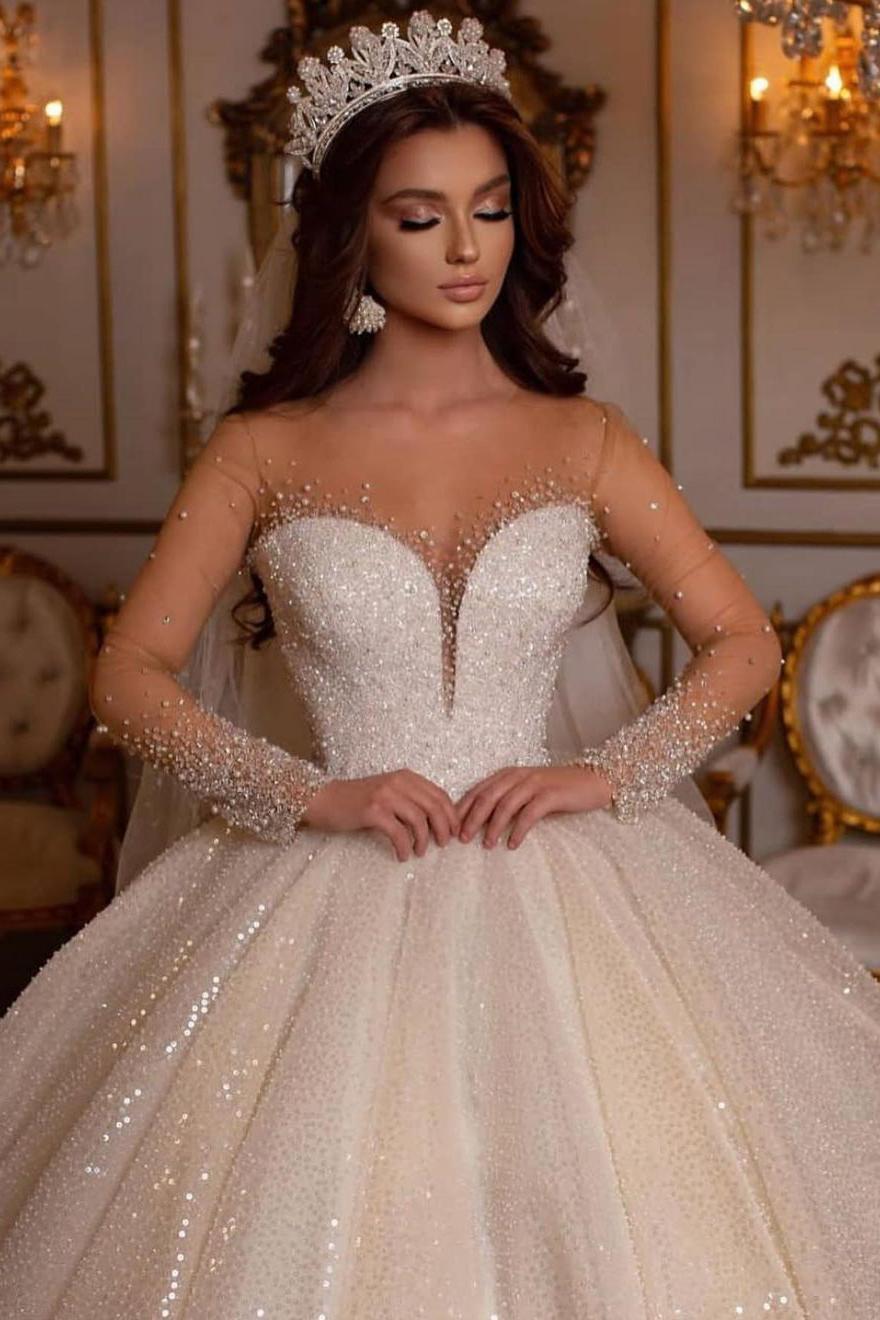 Luxury Sweetheart Wedding Dress with Long Sleeves and Ball Gown-BallBride