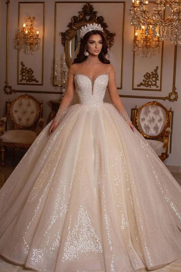 Luxury Sweetheart Wedding Dress with Long Sleeves and Ball Gown-BallBride