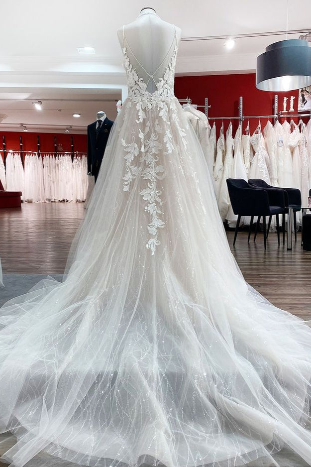 Luxury Tulle V-Neck Wedding Dress with Sequins Lace Appliques-BallBride