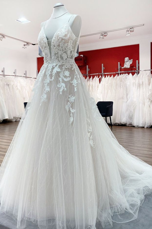 Luxury Tulle V-Neck Wedding Dress with Sequins Lace Appliques-BallBride