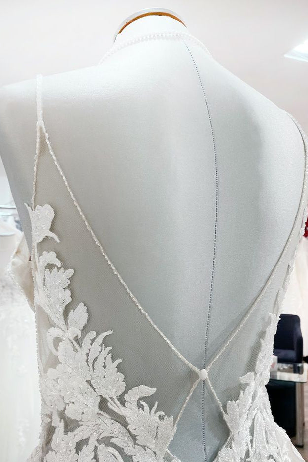 Luxury Tulle V-Neck Wedding Dress with Sequins Lace Appliques-BallBride