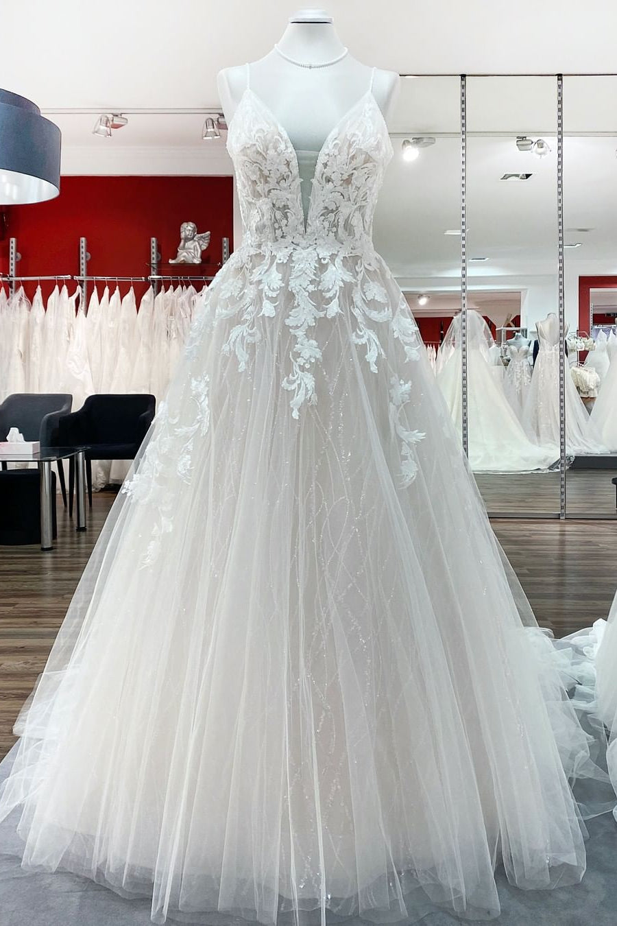 Luxury Tulle V-Neck Wedding Dress with Sequins Lace Appliques-BallBride