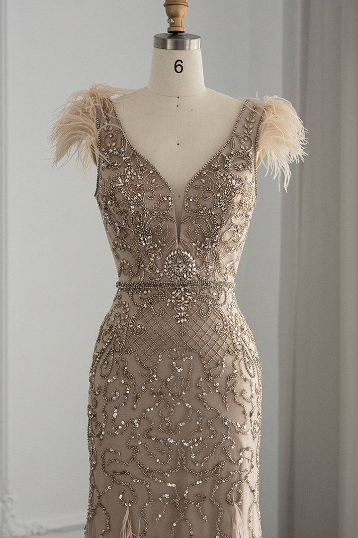 Luxury V Neck Mermaid Evening Dress with Feathers Appliques-BallBride