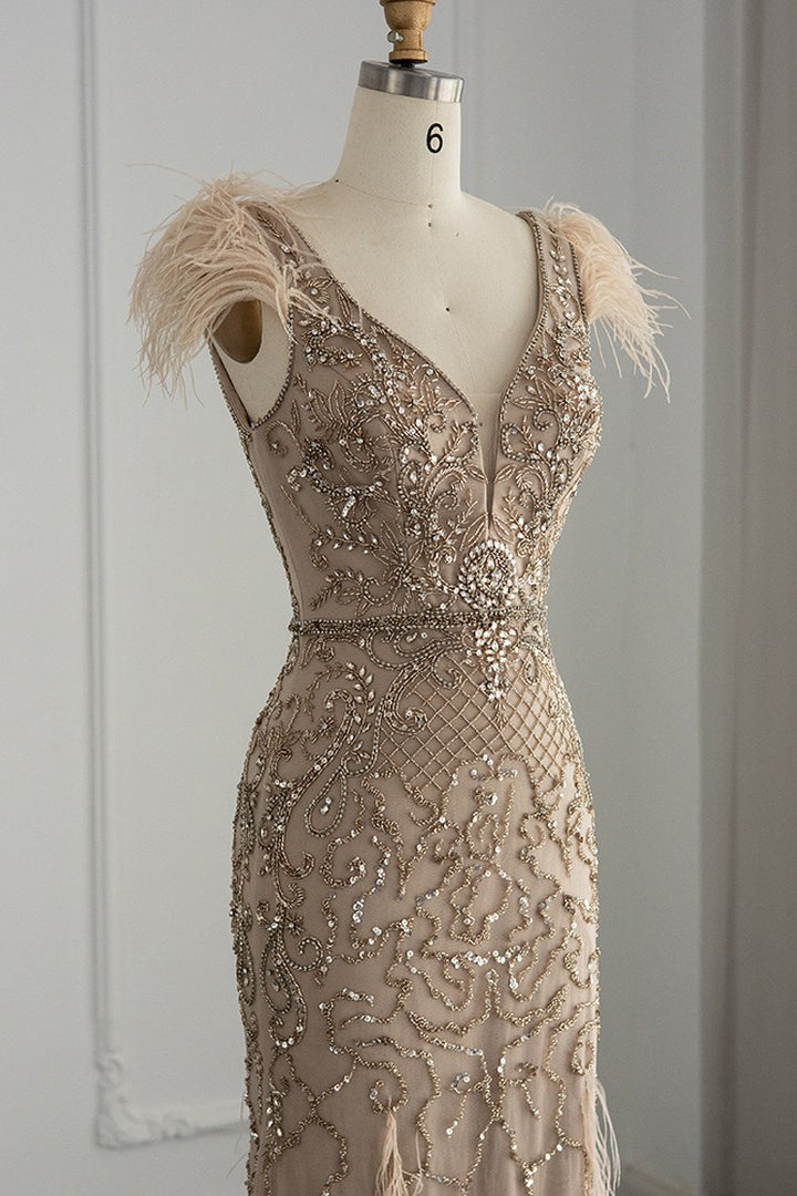 Luxury V Neck Mermaid Evening Dress with Feathers Appliques-BallBride