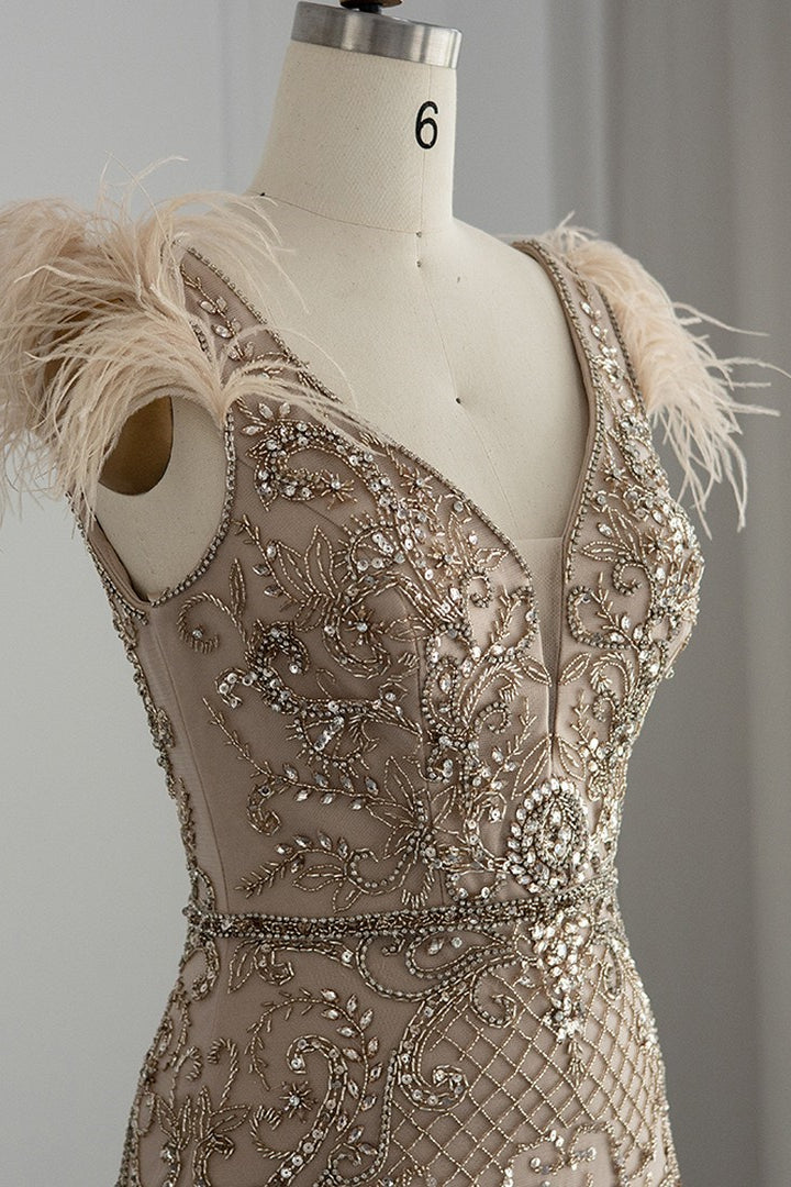 Luxury V Neck Mermaid Evening Dress with Feathers Appliques-BallBride