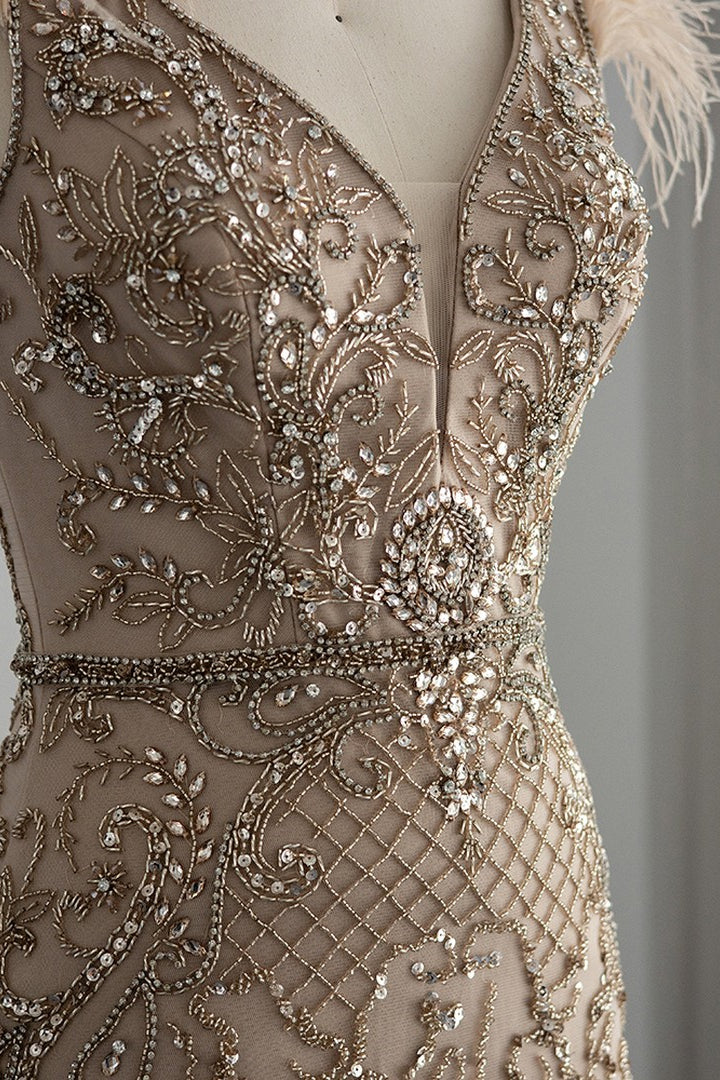 Luxury V Neck Mermaid Evening Dress with Feathers Appliques-BallBride