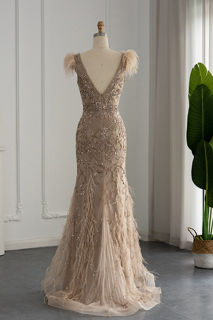 Luxury V Neck Mermaid Evening Dress with Feathers Appliques-BallBride