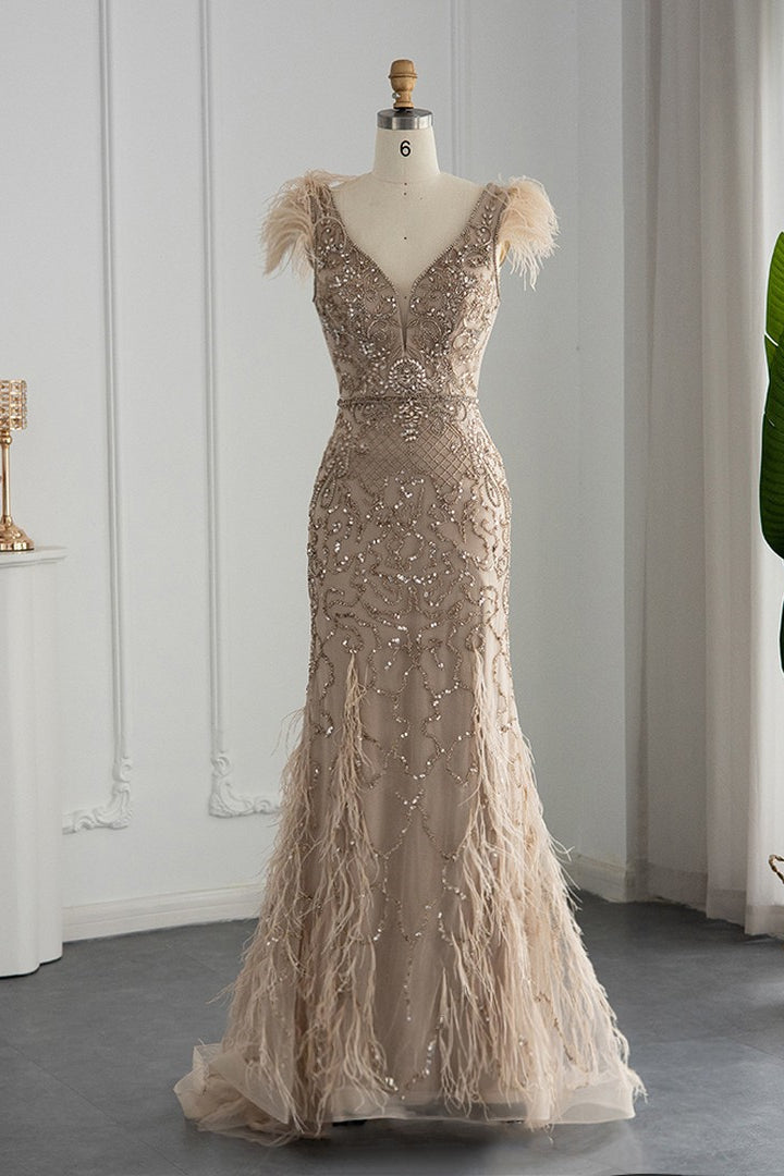 Luxury V Neck Mermaid Evening Dress with Feathers Appliques-BallBride