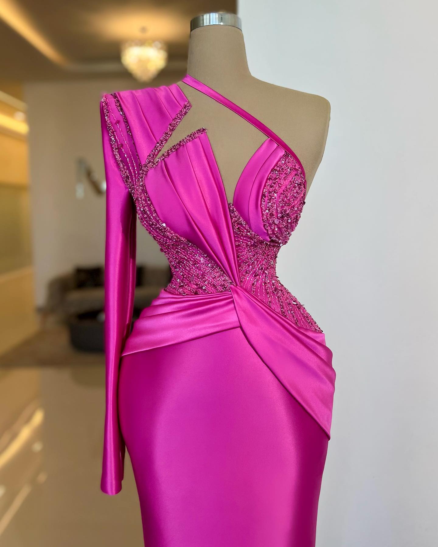 Make a Statement in Hot Pink One Shoulder Long Sleeves Prom Dresses-BallBride