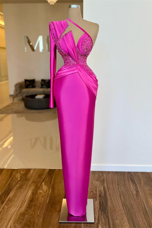 Make a Statement in Hot Pink One Shoulder Long Sleeves Prom Dresses-BallBride