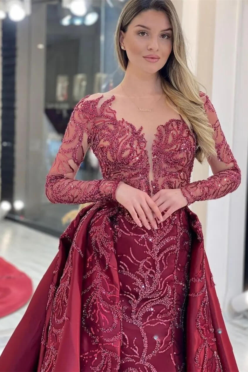 Make a Statement in this Charming Burgundy Long Sleeves Overskirt Evening Dress Mermaid With Beads-BallBride