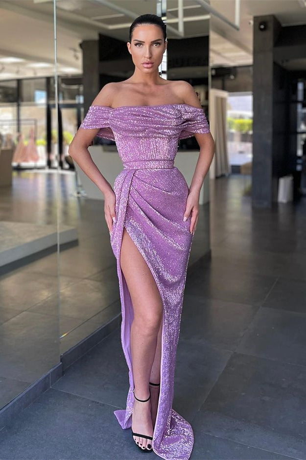 Make a Statement in this Chic Lilac Off-the-Shoulder Sequins Mermaid Evening Dress Split Long-BallBride