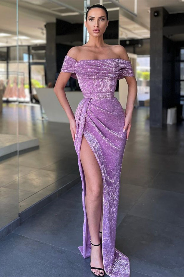 Make a Statement in this Chic Lilac Off-the-Shoulder Sequins Mermaid Evening Dress Split Long-BallBride