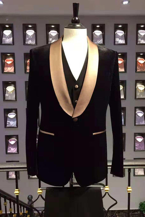 Men's Popular Black Wedding Suit With Champagne Shawl Lapel for the Party-BallBride