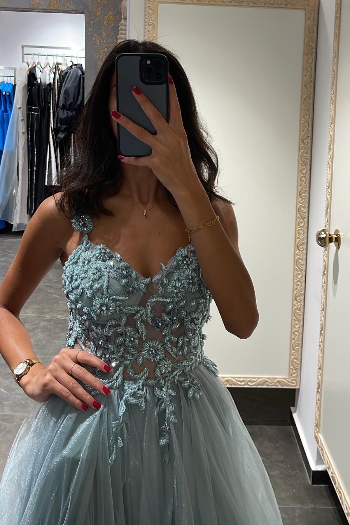 Mermaid Appliques Prom Dress with Beadings and Elegant Spaghetti-Straps-BallBride