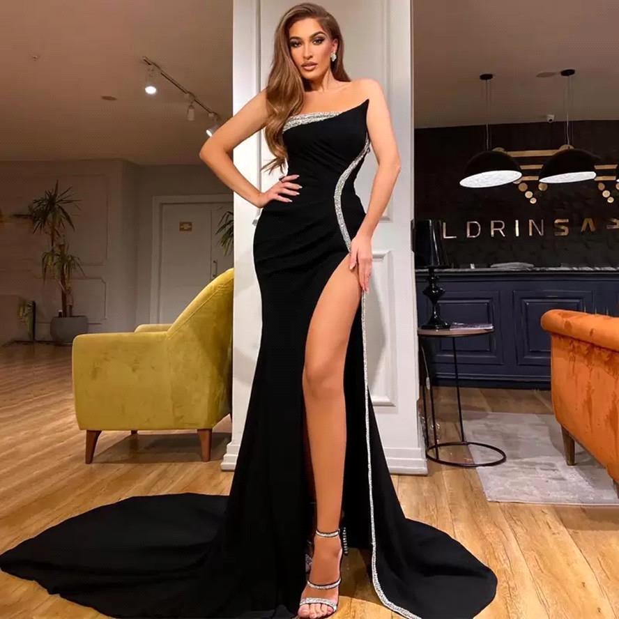 Mermaid Black Strapless Prom Dress with Slit-BallBride