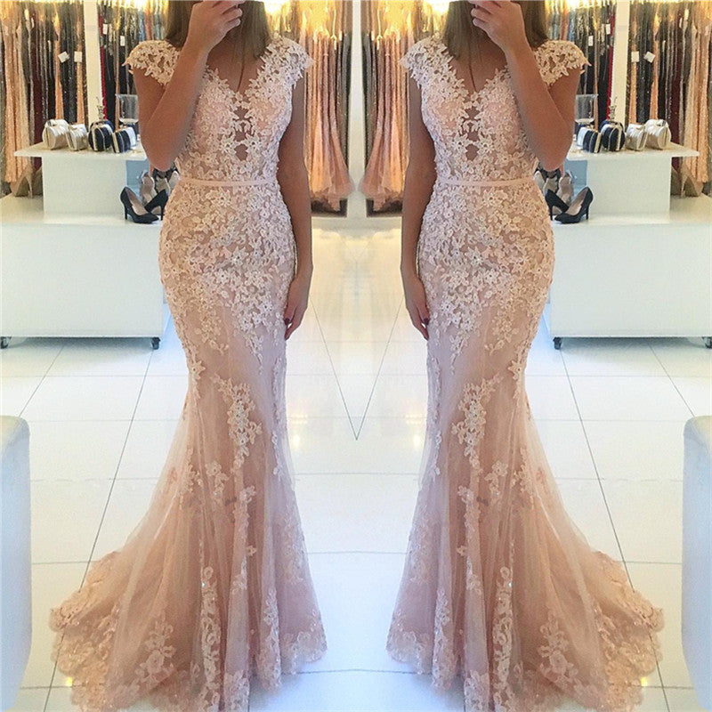 Mermaid Cap Sleeve Prom Dress with Appliques-BallBride