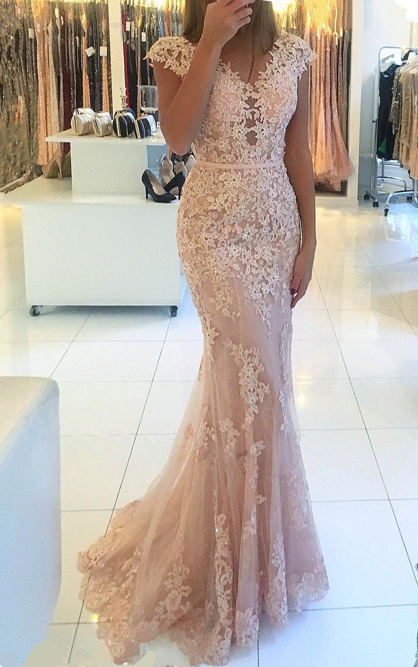Mermaid Cap Sleeve Prom Dress with Appliques-BallBride
