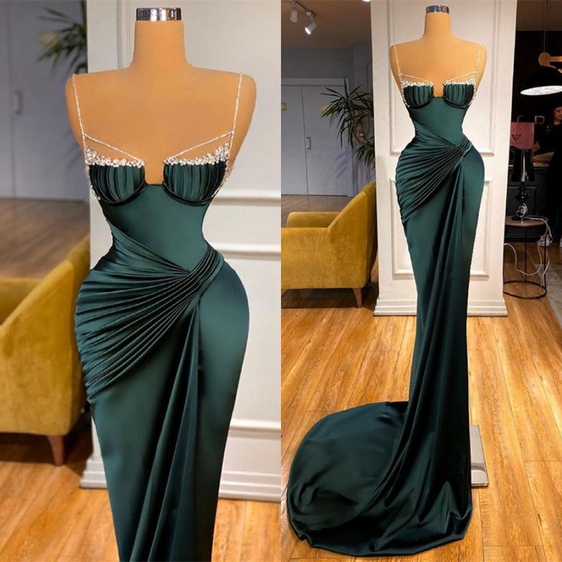 Mermaid Dark Green Spaghetti-Straps Prom Dress-BallBride