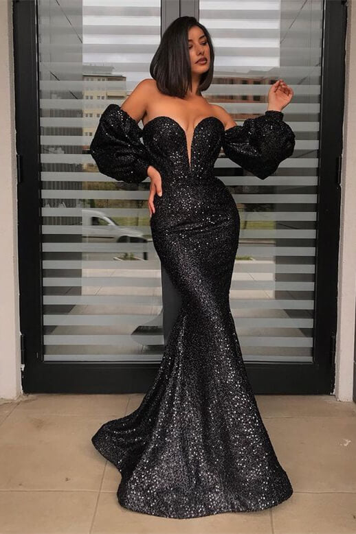 Mermaid Detachable Sleeves Black Sweetheart Sequins Prom Dress-BallBride