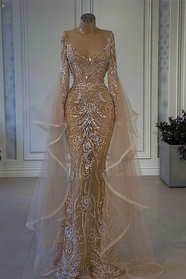 Mermaid Dress with Amazing Ruffle Long Sleeves and Tulle Lace-BallBride