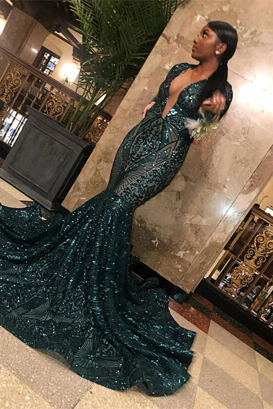 Mermaid Emerald Long Sleeves V-Neck Sequins Lace Prom Dress-BallBride