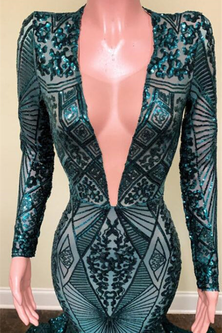 Mermaid Emerald Long Sleeves V-Neck Sequins Lace Prom Dress-BallBride
