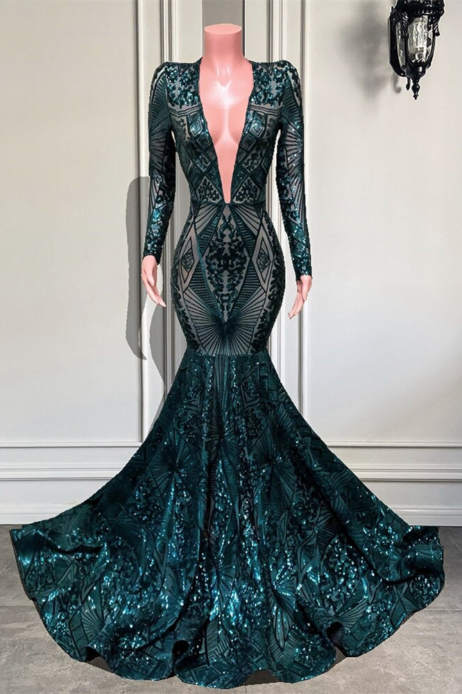 Mermaid Emerald Long Sleeves V-Neck Sequins Lace Prom Dress-BallBride