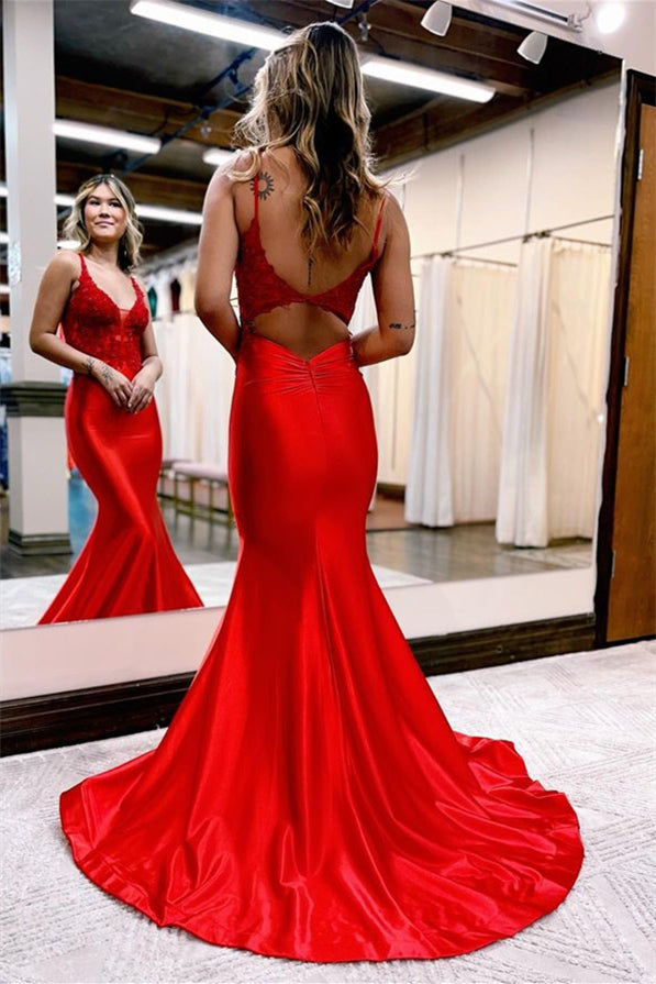 Mermaid Evening Dress - Spaghetti Strap, Black & Red Smooth Fabric Online-BallBride