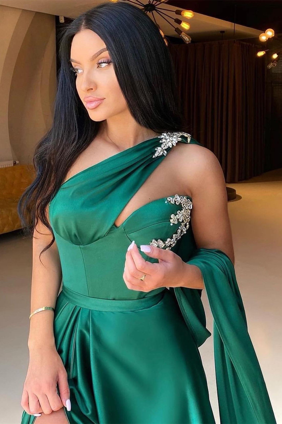 Mermaid Evening Dress with One-Shoulder & Dark Green Beadings-BallBride
