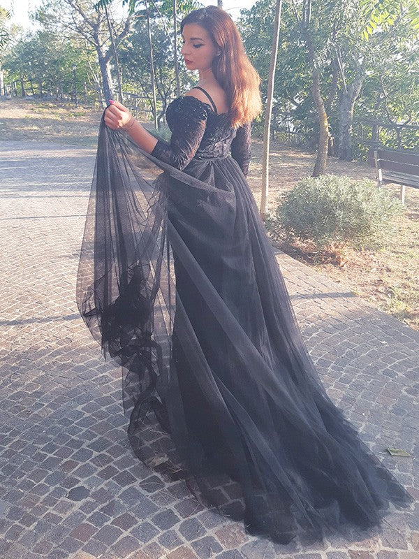 Mermaid Evening Dress with Slit and Amazing Black Appliques Long Sleeves-BallBride