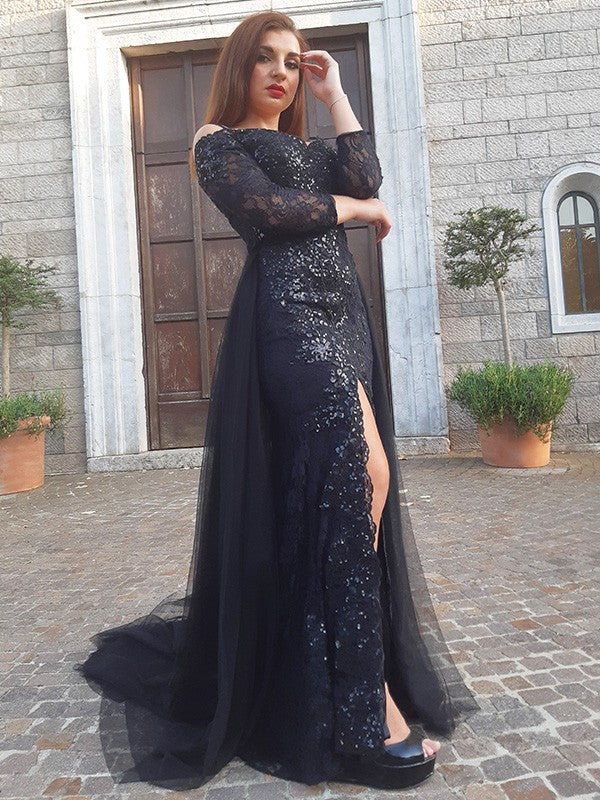 Mermaid Evening Dress with Slit and Amazing Black Appliques Long Sleeves-BallBride