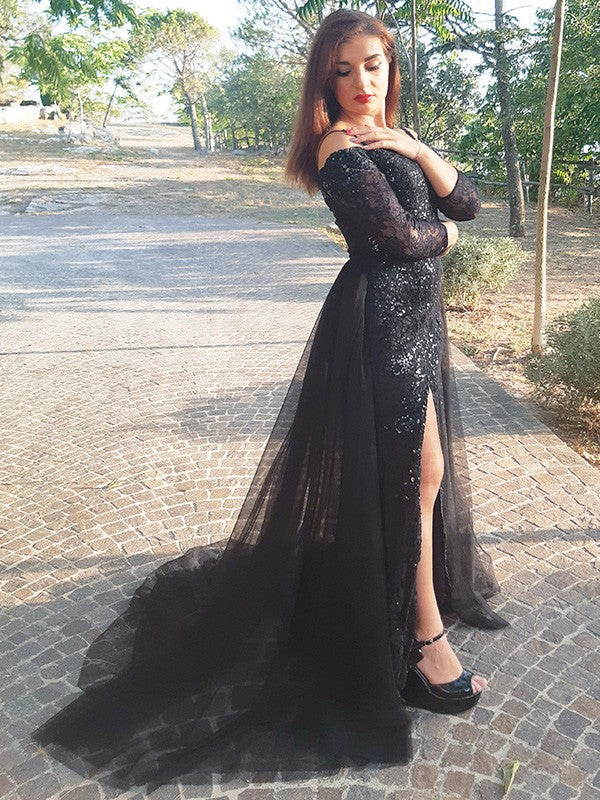 Mermaid Evening Dress with Slit and Amazing Black Appliques Long Sleeves-BallBride