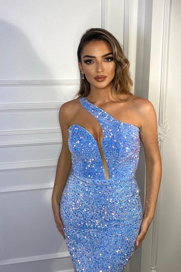 Mermaid Evening Dress with Sparkly Blue High Neck and Split-BallBride