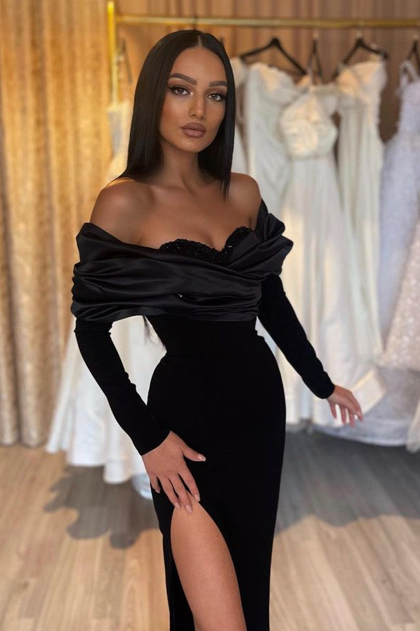 Mermaid Evening Dress With Split - Black Long Sleeves-BallBride