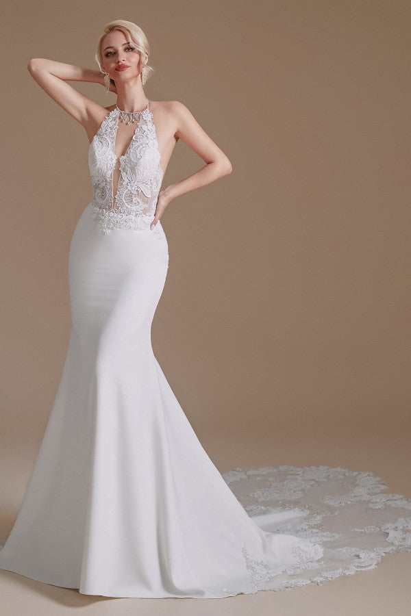 Mermaid Halter Backless Satin Wedding Dress with Appliques Lace-BallBride