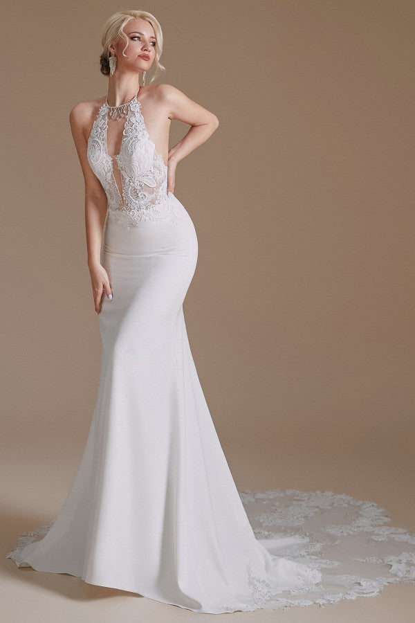 Mermaid Halter Backless Satin Wedding Dress with Appliques Lace-BallBride