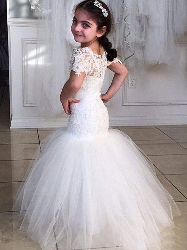 Mermaid Jewel Neck Flower Girl Dresses With Appliques-BallBride