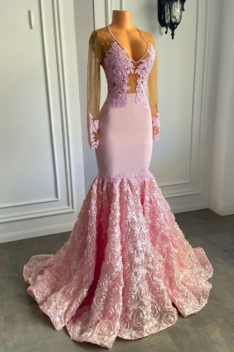 Mermaid Lace Appliques Prom Dress - New Arrival Pink Long Sleeves With Flowers-BallBride