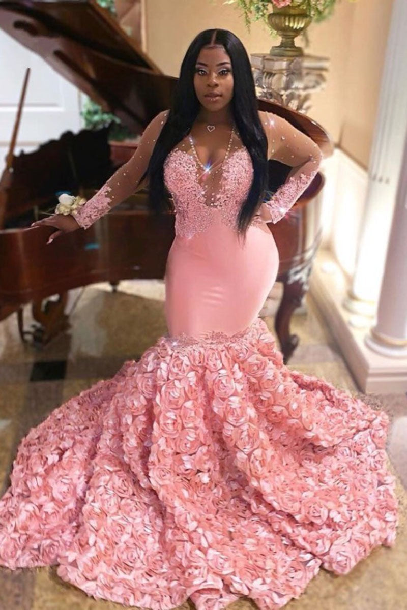 Mermaid Lace Appliques Prom Dress - New Arrival Pink Long Sleeves With Flowers-BallBride
