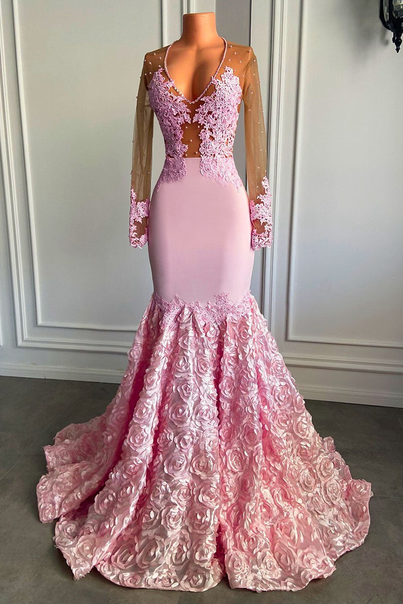 Mermaid Lace Appliques Prom Dress - New Arrival Pink Long Sleeves With Flowers-BallBride