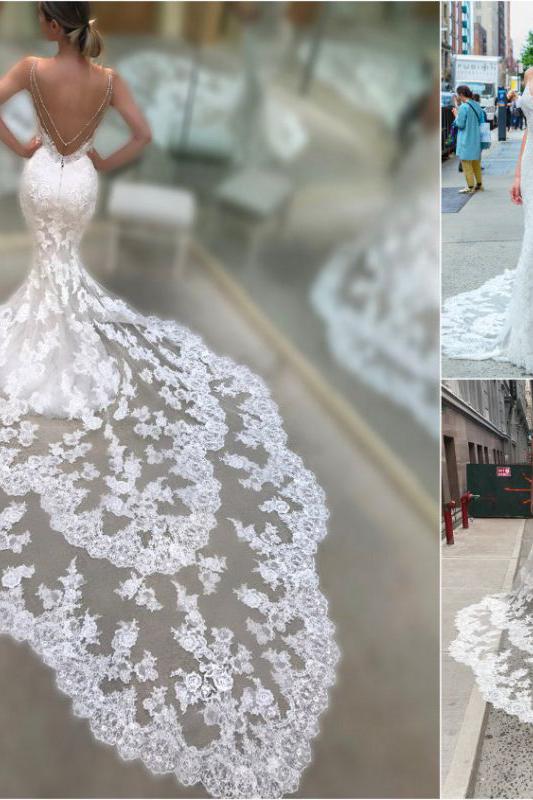 Mermaid Lace Wedding Dress with Backless Spaghetti-Straps V-Neck-BallBride