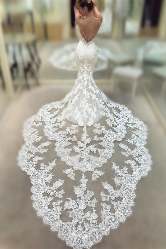 Mermaid Lace Wedding Dress with Backless Spaghetti-Straps V-Neck-BallBride