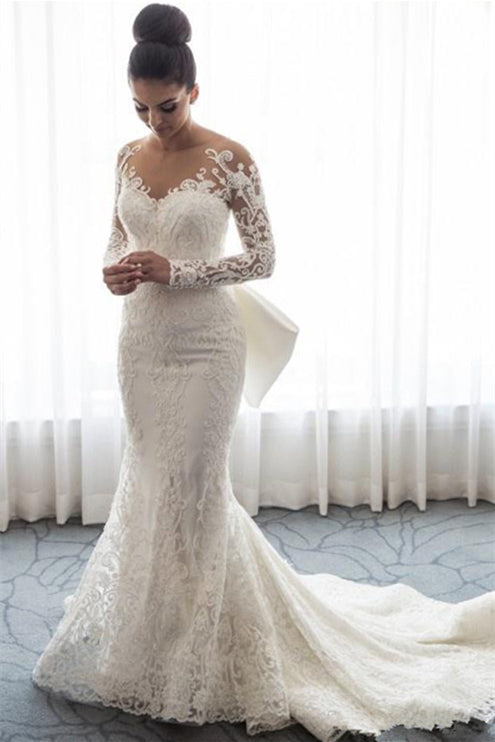Mermaid Lace Wedding Dress With Bowknot and Detachable Skirt - Long Sleeves-BallBride
