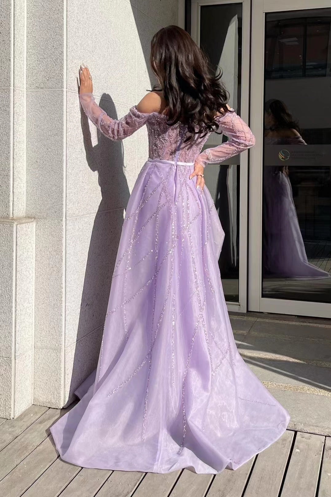 Mermaid Lilac Off-The-Shoulder Prom Dress with Long Sleeves and Beads-BallBride