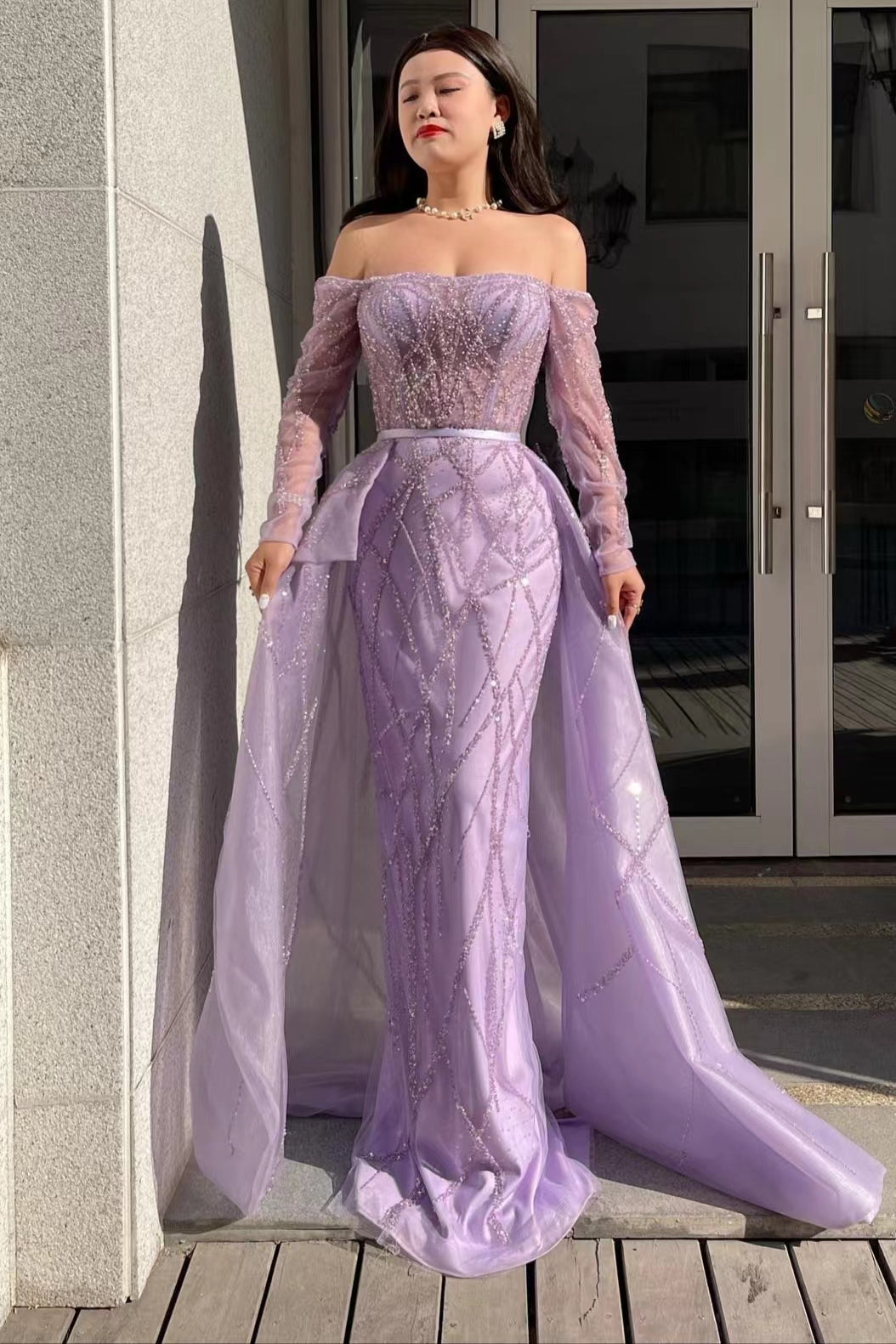 Mermaid Lilac Off-The-Shoulder Prom Dress with Long Sleeves and Beads-BallBride