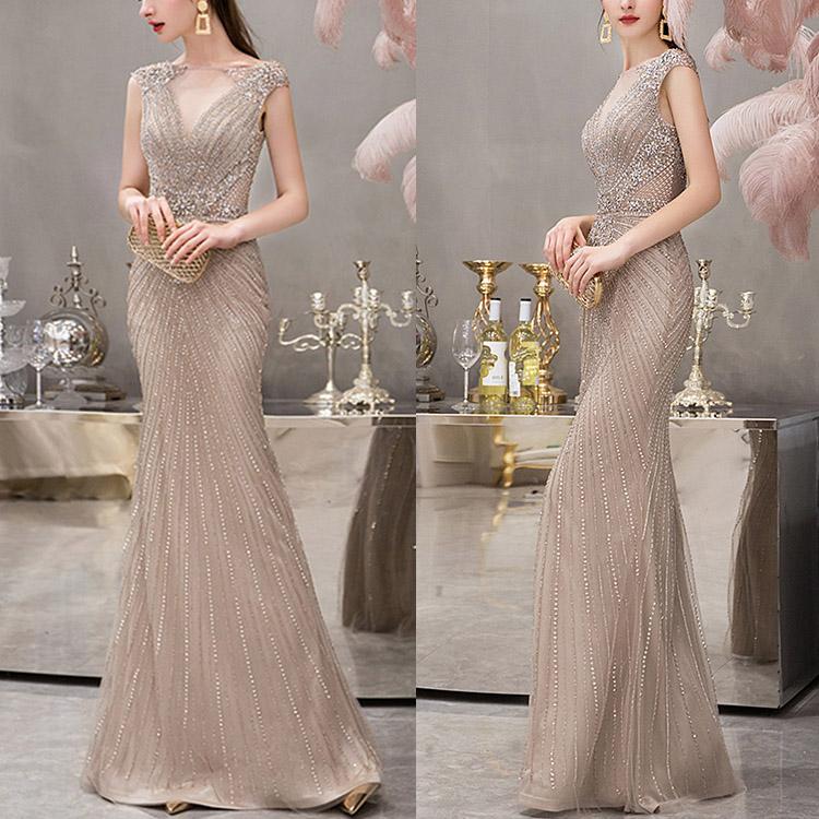 Mermaid Long Evening Dress With Cap Sleeves V-Neck Beadings Online-BallBride