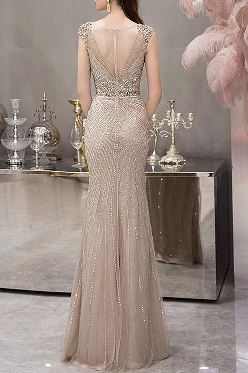 Mermaid Long Evening Dress With Cap Sleeves V-Neck Beadings Online-BallBride