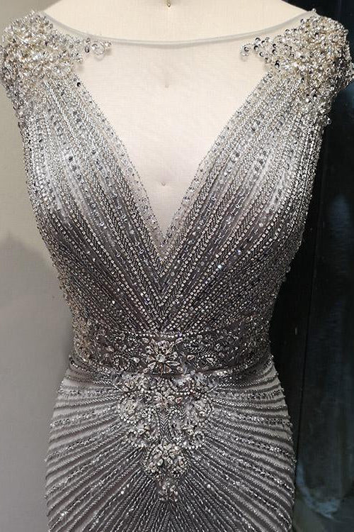 Mermaid Long Evening Dress With Cap Sleeves V-Neck Beadings Online-BallBride