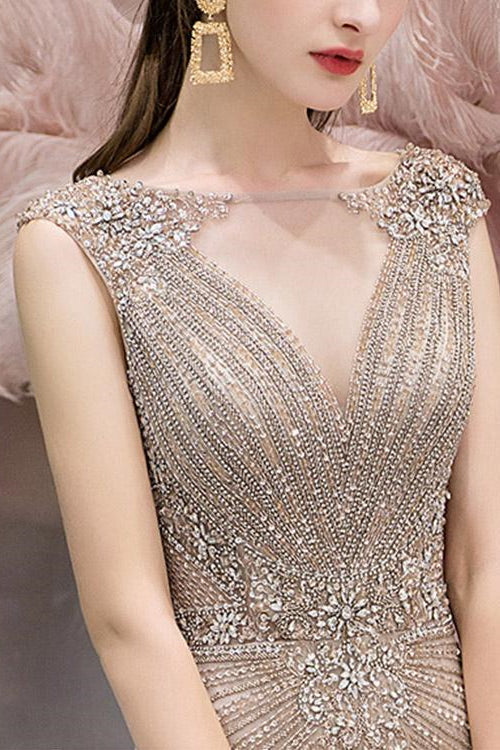 Mermaid Long Evening Dress With Cap Sleeves V-Neck Beadings Online-BallBride